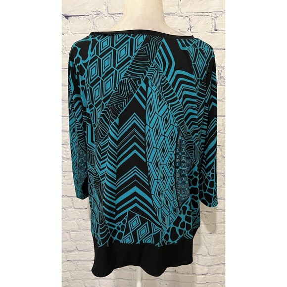 Susan Graver Printed Long Sleeve Tunic Blouse Tie Waist Size 1X Black Turquoise - Picture 4 of 6
